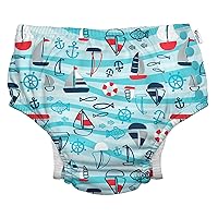 i play. by green sprouts Reusable, Eco Snap Swim Diaper with Gussets, UPF 50, 12 mo, Aqua Wavy Nautical, Patented Design, STANDARD 100 by OEKO-TEX Certified