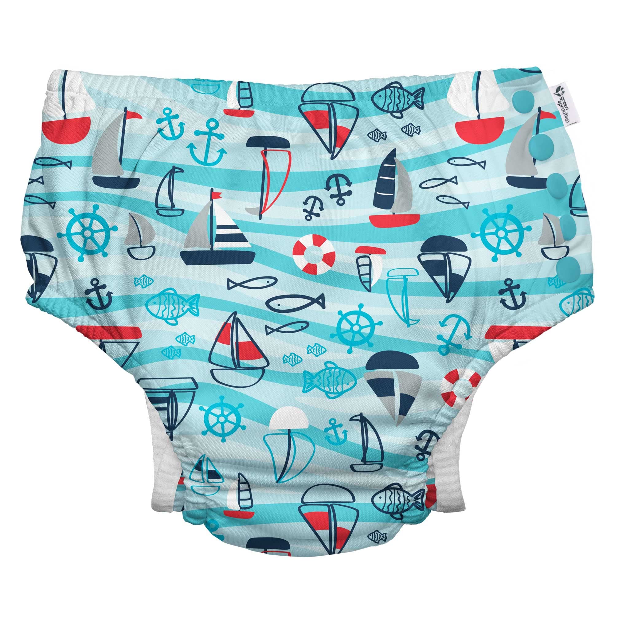 i play. by green sprouts Reusable, Eco Snap Swim Diaper with Gussets, UPF 50, 3T, Aqua Wavy Nautical, Patented Design, STANDARD 100 by OEKO-TEX Certified