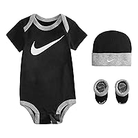 Nike Baby Hat, Bodysuit and Booties 3-Piece Gift Box Set, Black Swoosh, 0/6M