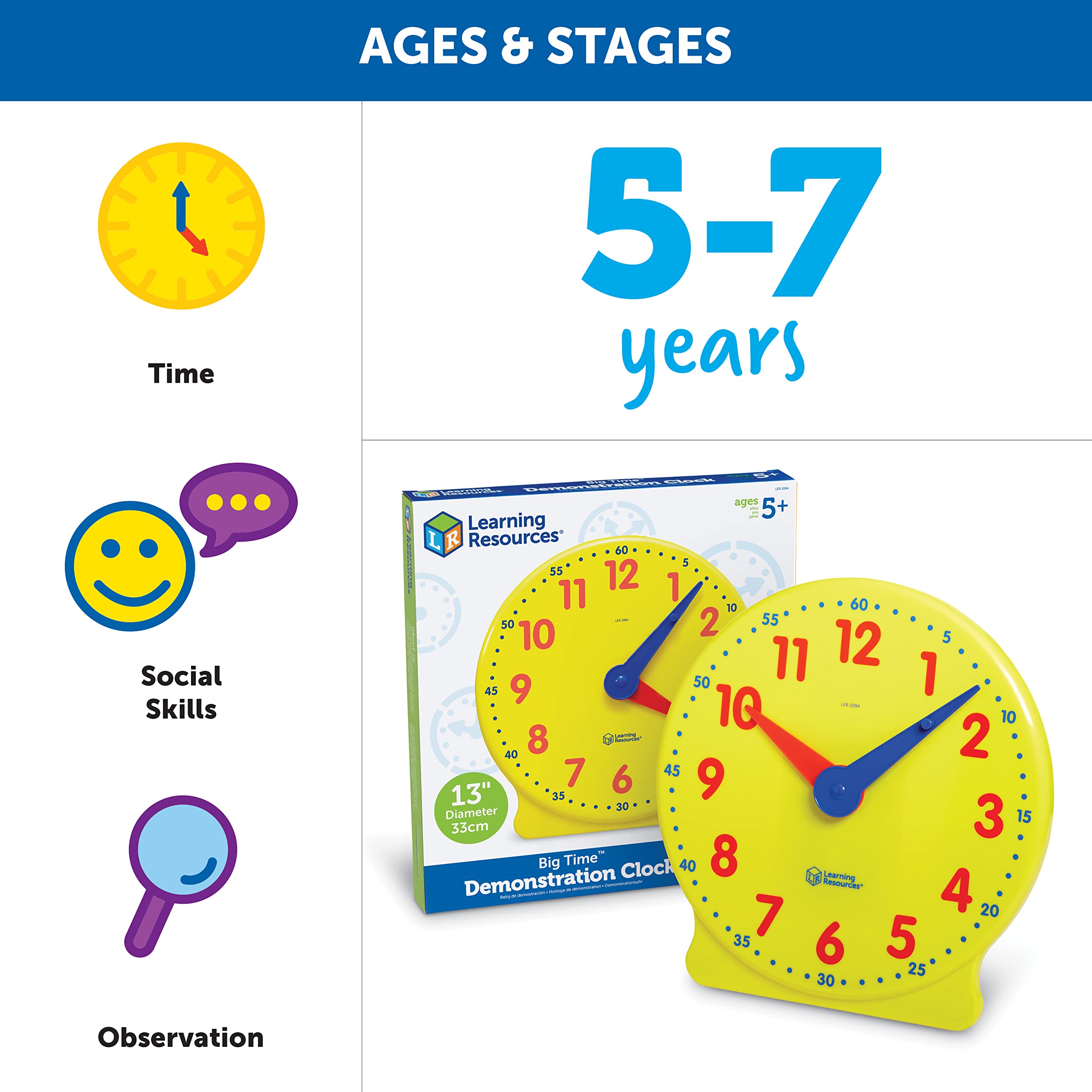 Learning Resources Big Time Learning Clock, Analog Clock, Homeschool, 12 Hour, Basic Math Development, Ages 5+