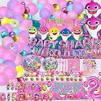 Pink Shark Two Two Two Birthday Decoration Shark Party Decorations Supplies 2nd birthday baby girl Include Balloon Arch Banner Backdrop Plate Cake Cupcake Toppers Tablecloth ,Serve 10 guest