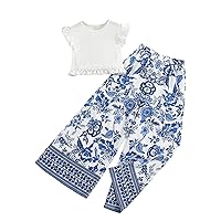 Floerns Girl's 2 Piece Outfit Solid Tank Top Tropical Print Wide Leg Pants Set