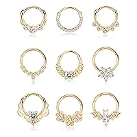 JeryWe 9 PCS 16G Septum Clicker Ring Stainless Steel CZ Opal Cartilage Helix Tragus Hoop Daith Earrings Nose Rings Hoop Hinged Segment Clicker Ring Piercing Jewelry 10MM