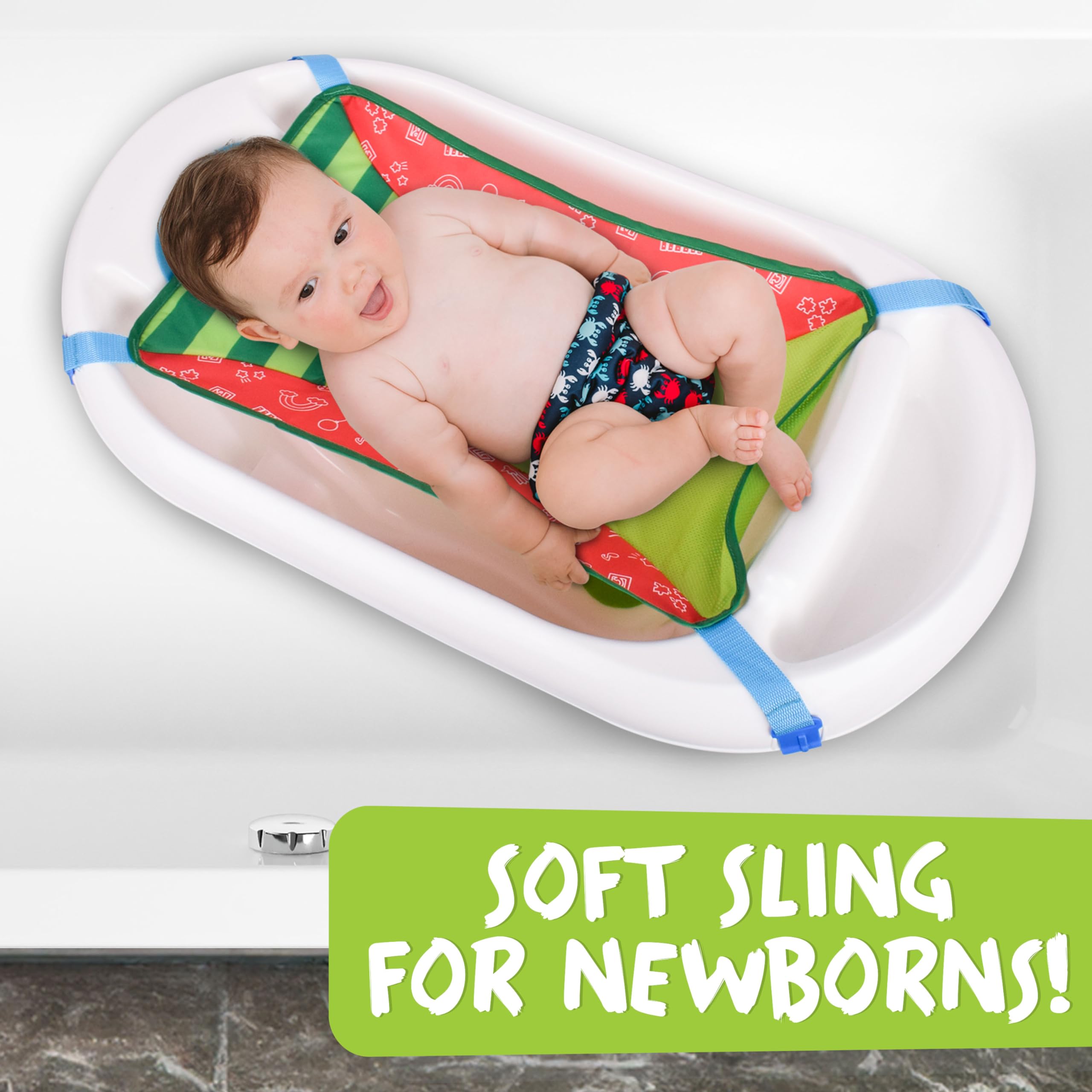 CoComelon Official Newborn to Toddler Bath - 3-in-1 Baby Bathtub with Removable Sling | Ages 0 to 24 Months | White Tub with Red and Green Sling - Sunny Days Entertainment