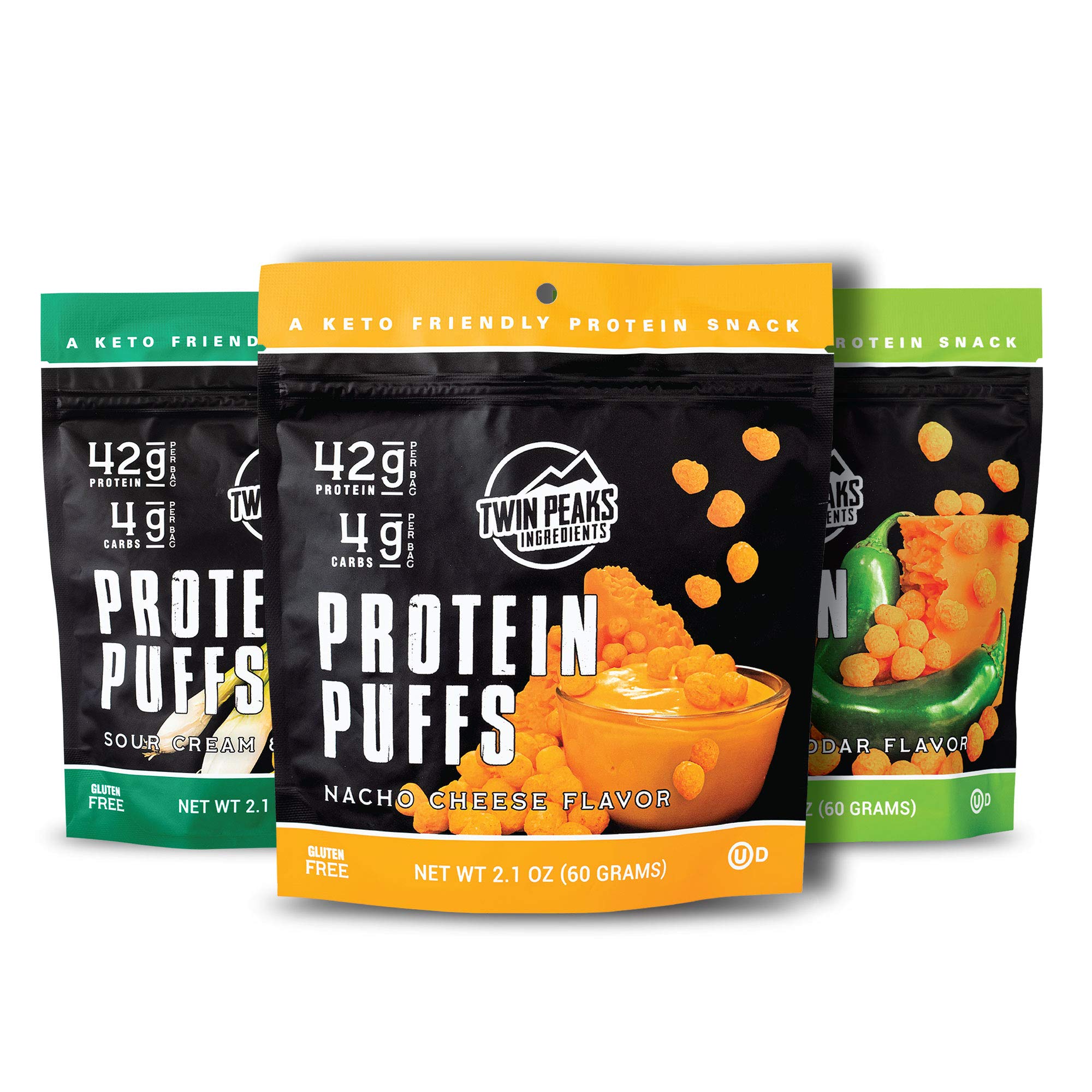 Twin Peaks Low Carb, Keto Friendly Protein Puffs, 3 Bags of Assorted Flavor Puffs + 1 Jug Nacho Cheese Flavor Puffs