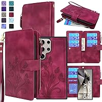 Lacass Case Wallet for Samsung Galaxy S24 Ultra 6.8 inch 2024, [12 Card Slots] ID Credit Cash Holder Zipper Pocket Detachable Leather Wallet Cover with Wrist Strap Lanyard（Floral Wine Red）
