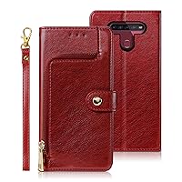 LG K51 Case, Compatible for LG K51 Phone Cases Wallet Silicone Flip PU Leather Holsters Handbag Cover [Zipper Pocket] Magnetic Closure Holder Wrist Strap, Red