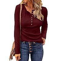 WNEEDU Women's Waffle Knit Tops Casual Long Sleeve Blouses Slim Fit Button Down V Neck Henley Shirt
