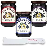 Trappist Preserves Seedless Jam Sampler Bundle with - (1) 12oz Jar of Boysenberry Jam Seedless, (1) 12oz Jar of Seedless Raspberry Jam, (1) 12oz Jar of Seedless Blackberry Jam and (1) Jam Spreader