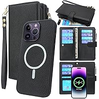 Lacass Compatible with MagSafe Case Wallet for iPhone 15 Pro 6.1 inch, 2 in 1 Magnetic Detachable Leather Wallet Cover with Card Holder Zipper Wrist Strap Lanyard (Black)