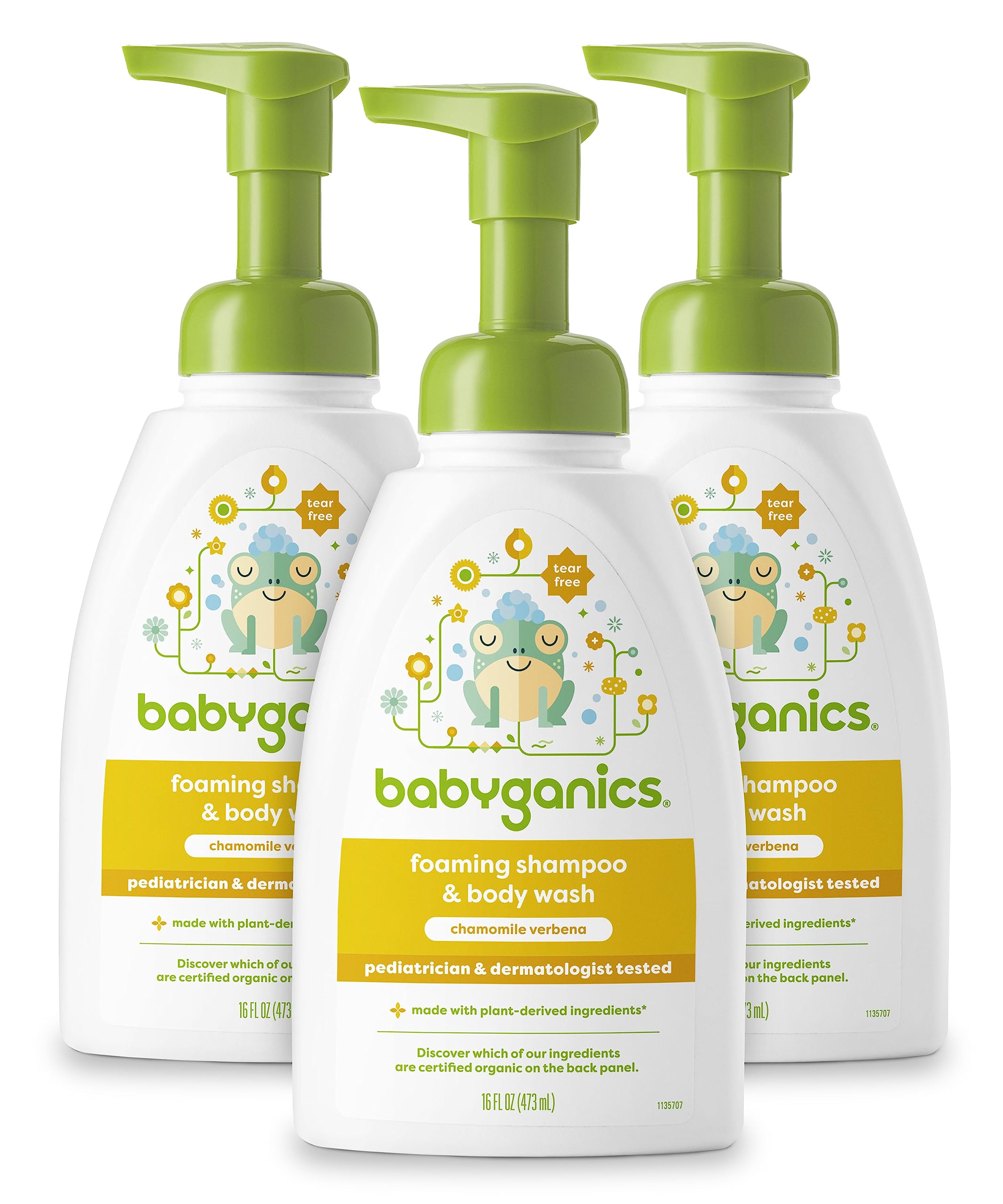 Babyganics Baby Shampoo + Body Wash Pump Bottle, Chamomile Verbena, Non-Allergenic and Tear-Free, 16 Fl Oz (Pack of 3), Packaging May Vary