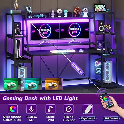 SEDETA White Gaming Desk 78.8'' with LED Lights, Hutch and Storage Shelves,  Computer Desk with Monitor Stand, Large PC Gamer Desk Workstation