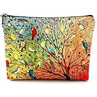Cute Makeup Bag for Purse Canvas Waterproof Funny Cosmetic Bags for Women Zipper Travel Toiletry Pouch-Tree Bird Oil Painting Makeup Bags