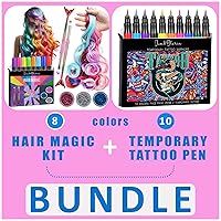 Jim&Gloria Dustless Hair Chalk Include Hair Extensions, Mermaid Brushes, Glitters (Set of 17) Plus Face Paint Fine Tip Temporary Fake Tattoo Pen 10 Colors