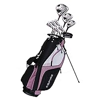 XD1 Ladies Womens Complete Right Handed Golf Clubs Set Includes Titanium Driver, S.S. Fairway, S.S. Hybrid, S.S. 6-PW Irons, Putter, Stand Bag, 3 H/C's Pink
