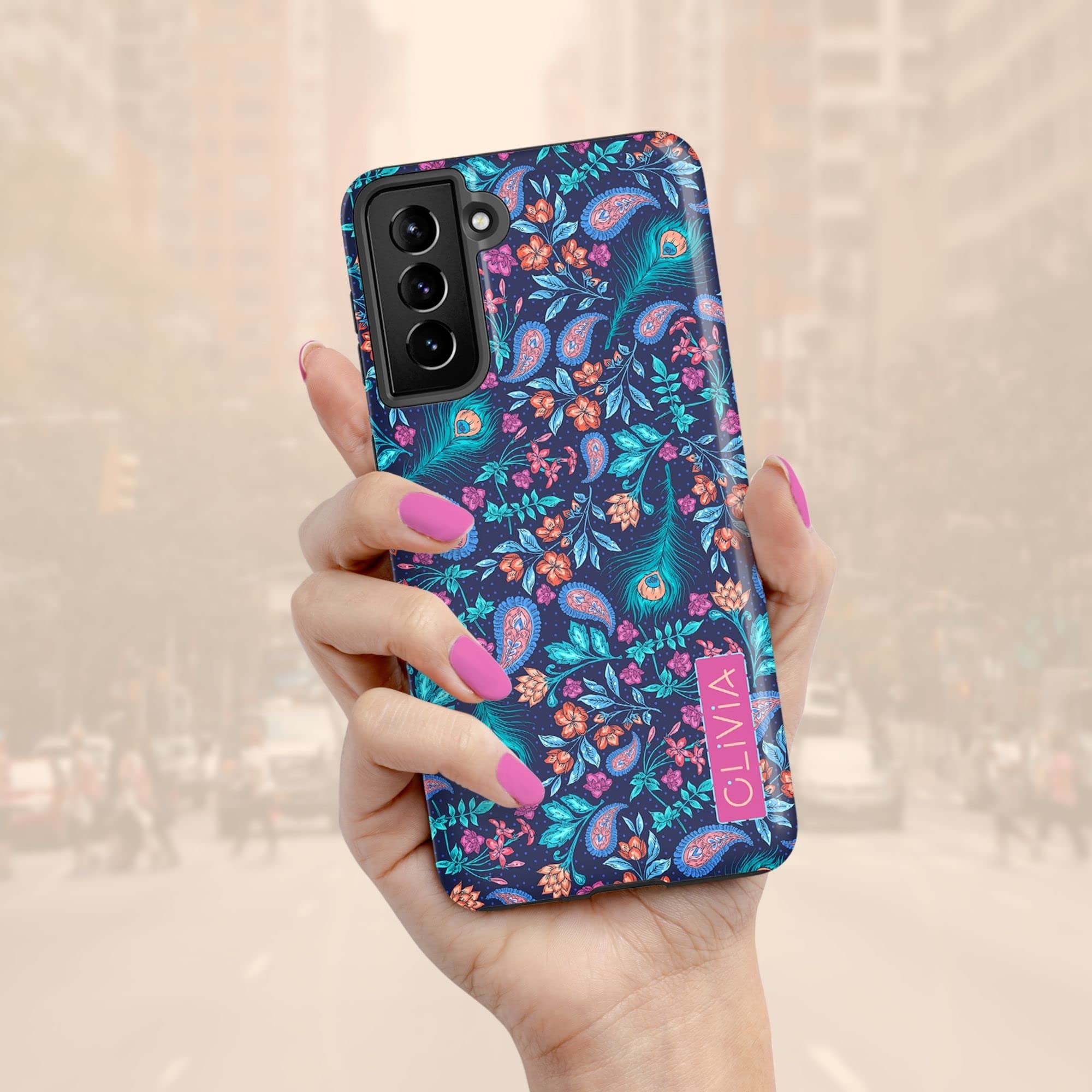 Artisticases Custom Paisley Floral Peacock Feathers Name Case, Personalized Case Designed for Samsung Galaxy S22 Plus, S21 Ultra, S20, S10e, S10, S9, S8, Note 20 Ultra, Note 10 Plus, Note 9, Note 8