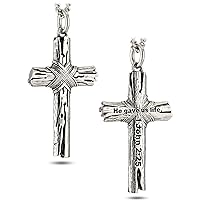 Shields of Strength Men's Stainless Steel Silver Woodgrain Cross Pendant Necklace 1 John 2:25 Bible Verse Christian Faith Jewelry Gifts Boys Baptism