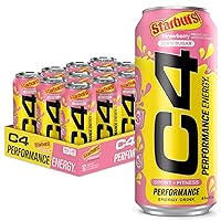 C4 Energy Drink, STARBURST Strawberry, Carbonated Sugar Free Pre Workout Performance Drink with no Artificial Colors or Dyes, Pack of 12