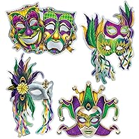 Beistle 8 Piece Foil Cardstock Paper Mardi Gras Decorations Mask Cut Outs Wall Décor for New Orleans Carnival Masquerade Party Supplies