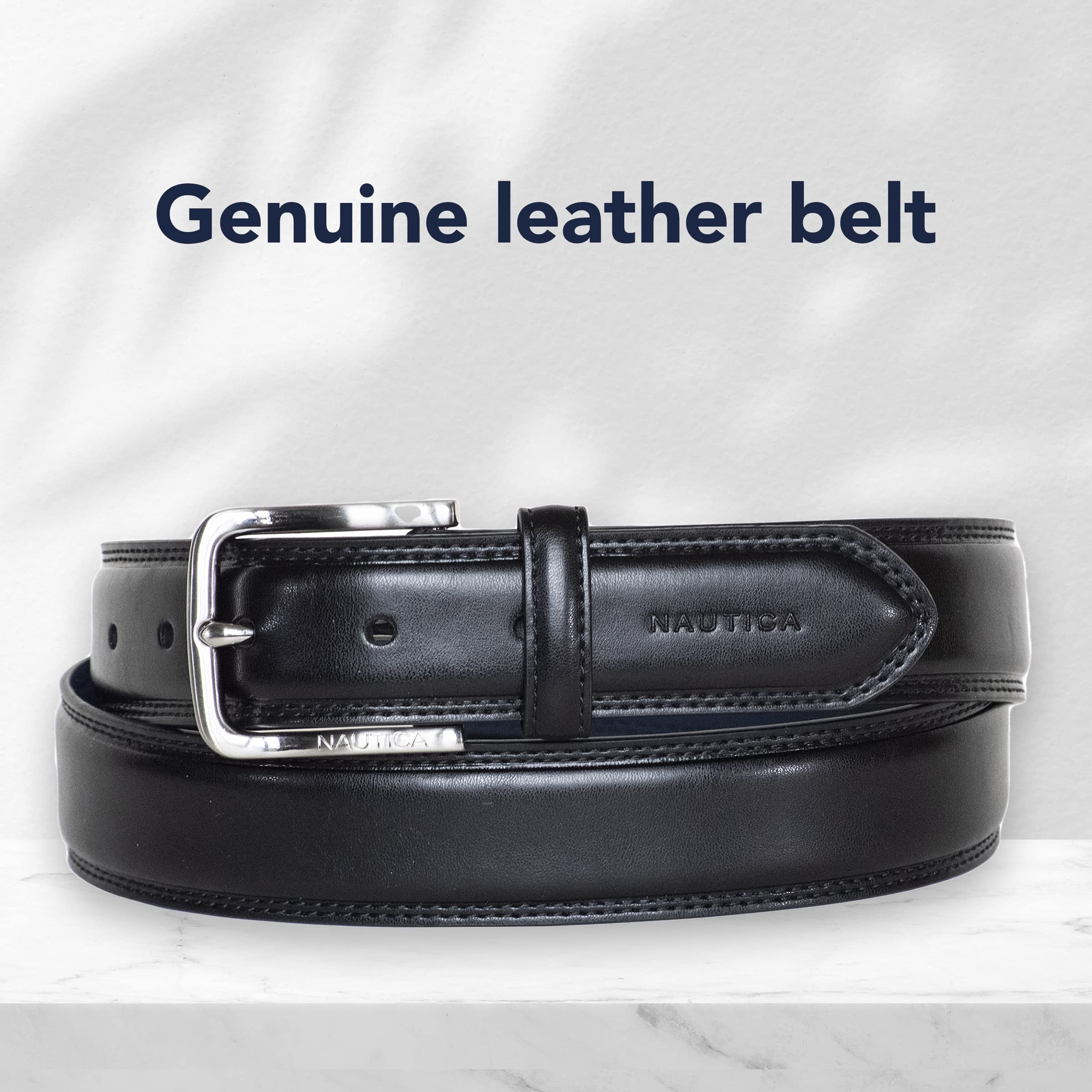Nautica Men's Double Stitch Jclass Icon Leather Belt with Logo, Black, 34