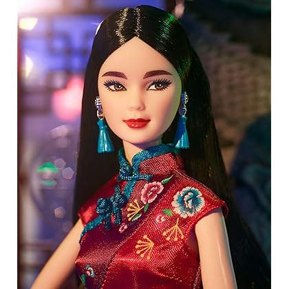 Barbie Signature Lunar New Year Doll (12-inch Brunette) Wearing Red Satin Cheongsam Dress with Accessories, Collectible Gift for Kids & Collectors