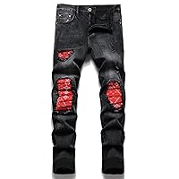 OIIIO Men's Patch Ripped Stretch Regular Fit Jean