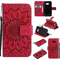 (T Cat) Samsung Galaxy A3(2017) Case,Embossed Totem Sun Flower PU Leather [with Lanyard Strap/Rope] Credit Card/Cash Holder Slots Wallet Stand Flip Fashion Slim Fit Protective Case Cover+stylus.--Red