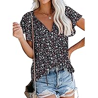 Women's Boho Tops Floral V Neck Short Sleeve Summer Blouse Shirts