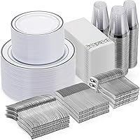 Goodluck 700 Piece Silver Dinnerware Set for 100 Guests, Disposable Plastic Plates for Party, Include: 100 Dinner Plates, 100 Dessert Plates, 100 Paper Napkins, 100 Cups, 100 Silverware set