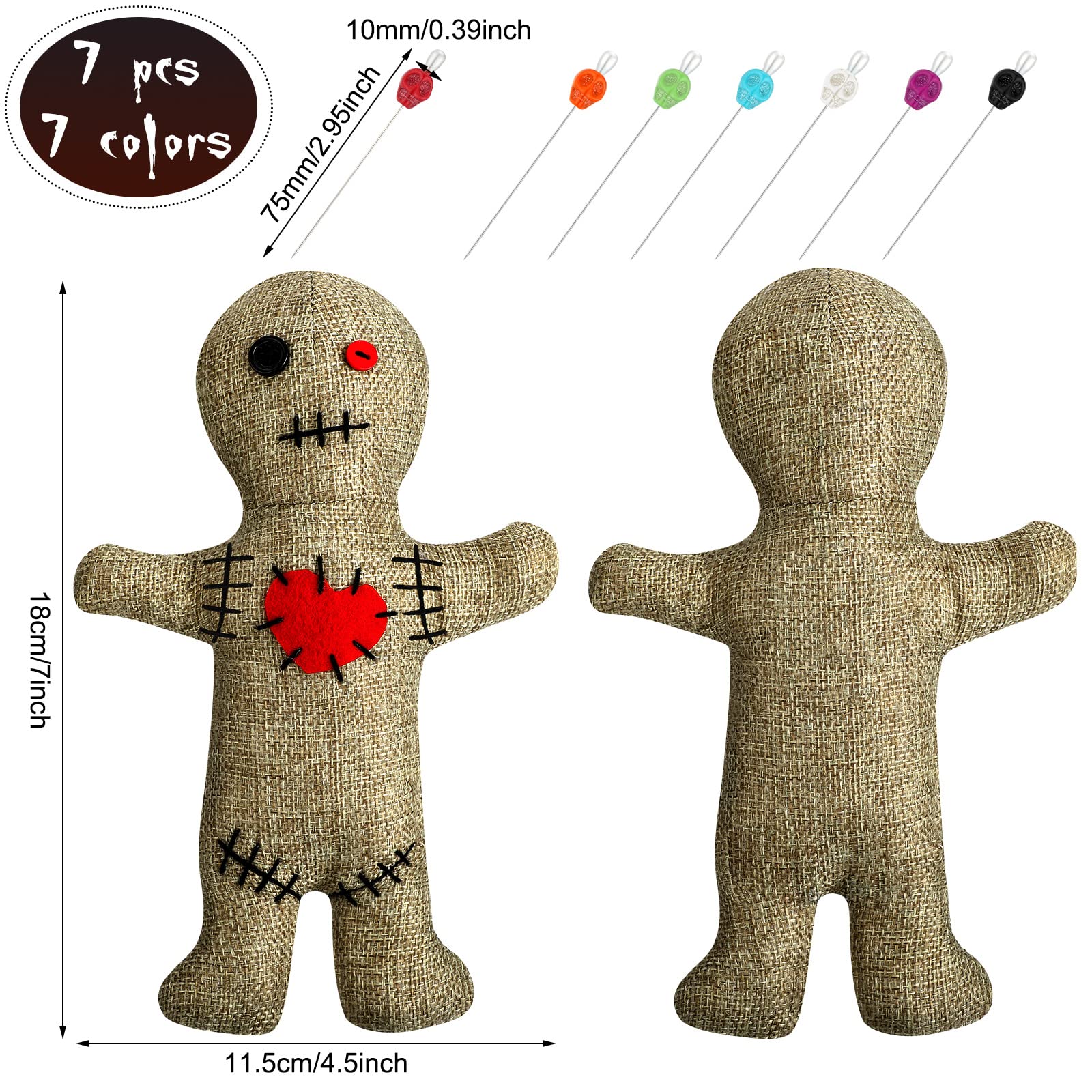 Kathfly 8 Pcs Voodoo Doll Set Include Horror Doll, 7 Pcs Skull Pins Ghost Doll Soft Revenge Dammit Creepy Dolls Pin Holder Voodoo Toys Resin Metal Straight Pins Stress Relieving (Flaxen, Linen)