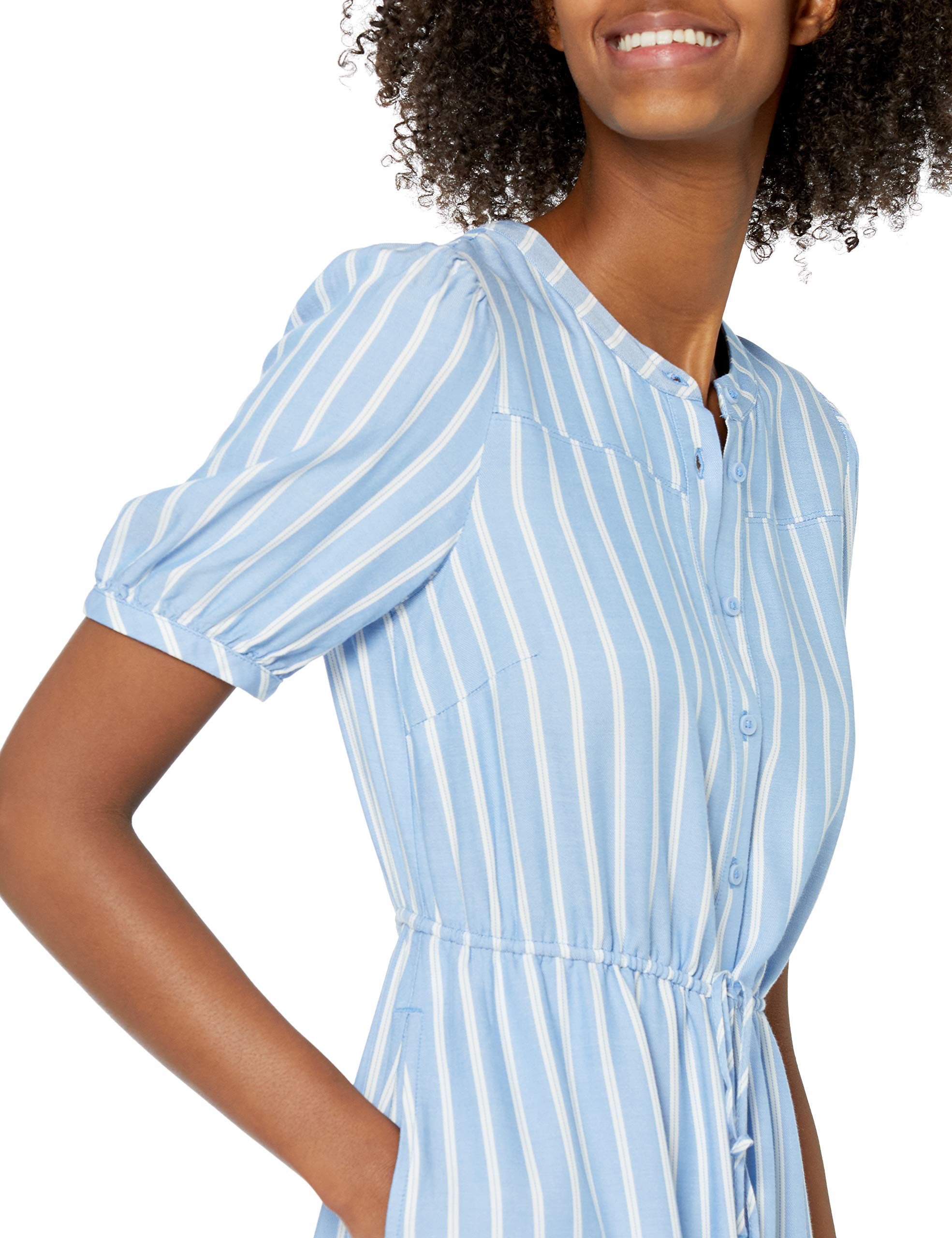 Amazon Essentials Women's Half-Sleeve Waisted Midi A-Line Dress, Blue/White, French Stripe, Large
