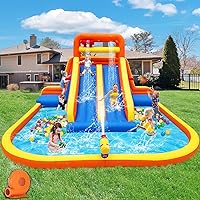 Inflatable Water Slide, Mega Bounce House Water Park with Long Dual Slide, 2 Climbing Walls, 2 Basketball Hoops, Large Splash Pool, 15.6 x 15 x 8.7FT Blow up WaterSlides with Blower