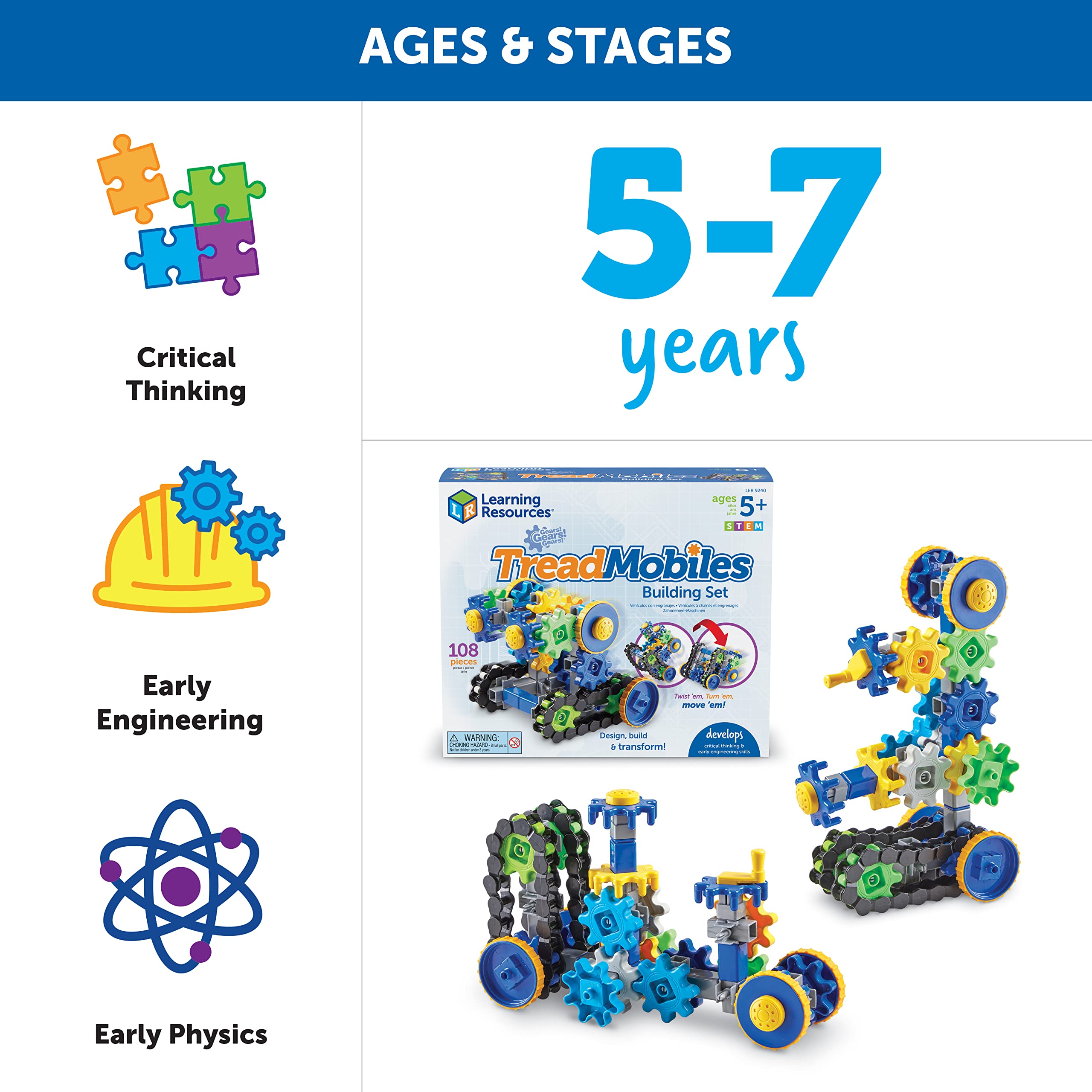 Learning Resources Gears! Gears! Gears! Treadmobiles Building Set, STEM Toys, Develops Early Engineering Skills, 108 Pieces, Ages 5+