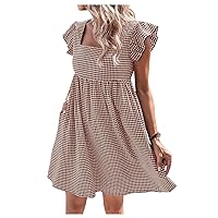 SOLY HUX Women's Plaid Square Neck Ruffle Cap Sleeve Smock Dress Babydoll Short Dresses with Pockets