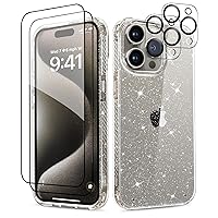 MIODIK for iPhone 15 Pro Max Case, [5 in 1] with 2X Screen Protector + 2X Camera Protector, Non-Yellowing Clear Glitter Shockproof Protective Phone Case, Women Girl Cover for 6.7 Inch - Sparkle Clear