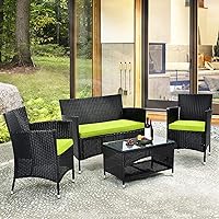 4 Pieces Patio Furniture Set, All Weather PE Rattan Wicker Outdoor Sectional Sofa Chair with Table and Benches for Garden, Lawn, Backyard, Poolside, Balcony, Porch (Green)