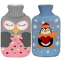 Rubber Hot Water Bottle with Cover,2 Pack Hot Water Bag for Foot Warmer Pain Relief Hot Cold Therapy Cramps, Pink OWL and Penguin