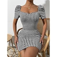 Easter Dress for Women Houndstooth Print Puff Sleeve Bodycon Dress (Color : Black and White, Size : S)