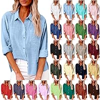 Warehouse Clearance of Sale Cotton Linen Button Down Shirts for Women Long Sleeve Collared Work Blouse Trendy Loose Fit Summer Tops with Pocket