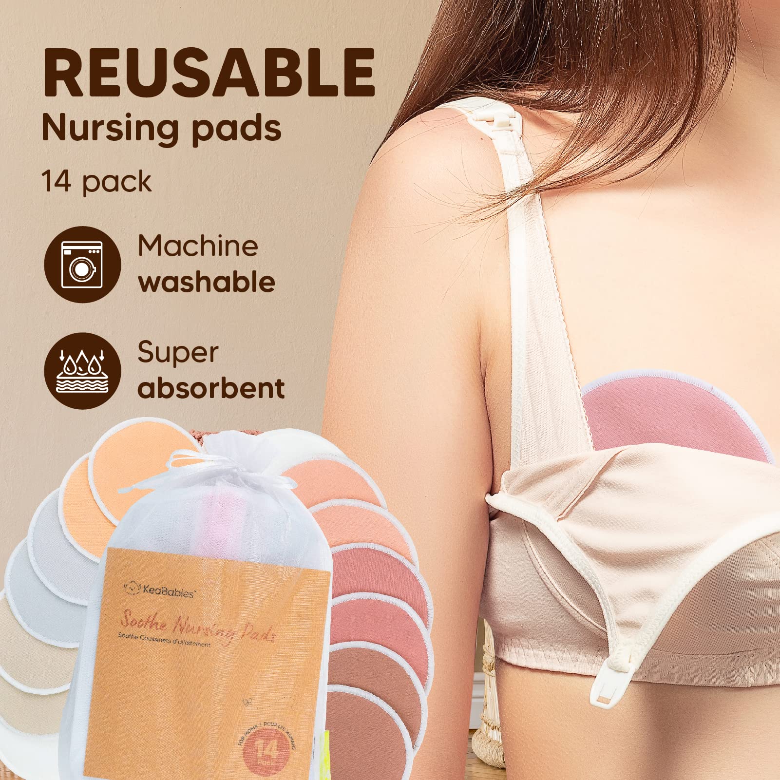KeaBabies Reusable Nursing Pads for Breastfeeding, 14-Pack - 4-Layers Organic Bamboo Nursing Pads - Breastfeeding Pads - Washable Breast Pads - Natural Bamboo Maternity Pads (Lovelle, Large 4.8