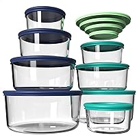 Glass Food Storage Containers with Lids, Glass Meal Prep Containers for Lunch, ８Pack Reusable Round Container Set with Simply Lid/BPA-free / 7-Cup, 4-Cup, 2-Cup & 1-Cup