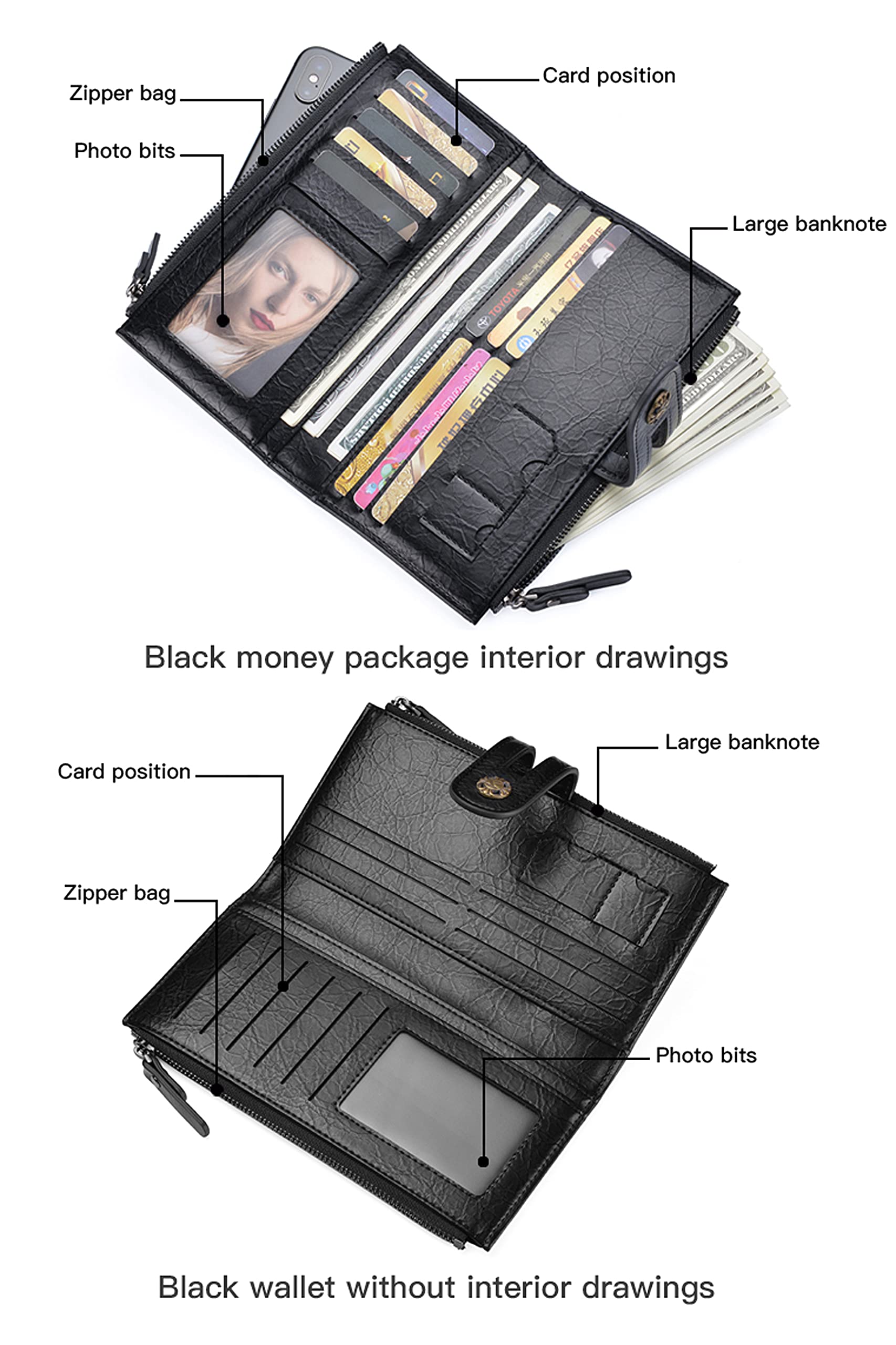 Mokoze Men Leather Long Bifold Wallet Purse Retro Cash Cluth Double Zip Snap Credit Card Case( Light Brown)