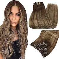 Brown Clip in Hair Extensions Human Hair Balayage Hair Color Light Brown to Brown Mix Honey Blonde Clip in Extensions Tripple Weft Soft Hair Extensions 16 Inch