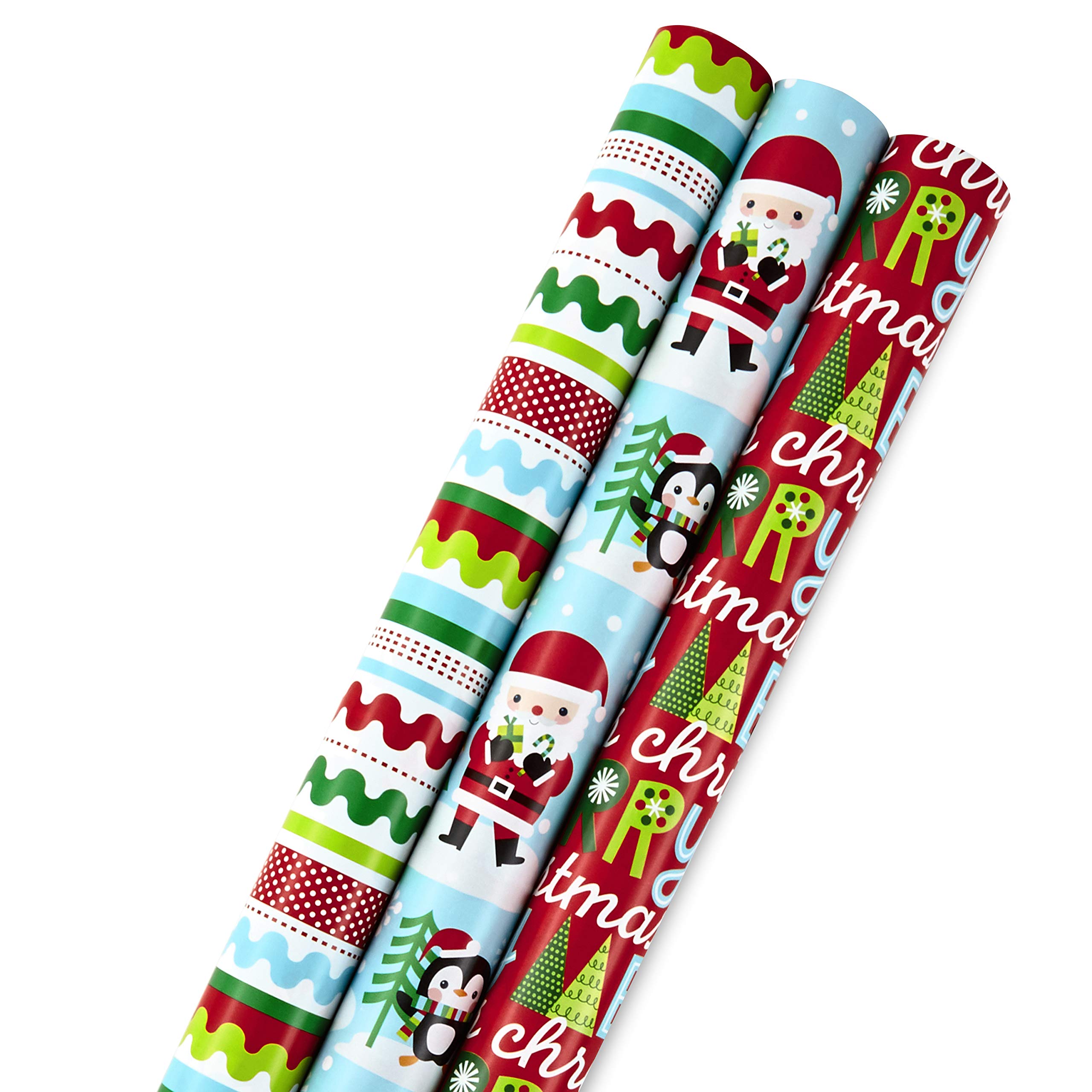 Hallmark Reversible Christmas Wrapping Paper Set with Ribbon and Gift Tag Stickers (3 Rolls of Wrapping Paper and Ribbon; Santa, Penguins, Stripes, Dots)