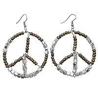 Peace Sign Large Long Glass Beaded Drop Circle Hoop Swing Dangle Earrings - Assorted Colors