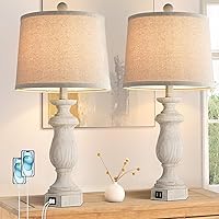 Table Lamps set of 2,26 inch Bedside Lamp with Dual USB Charging Ports,Farmhouse Lamp with Rotary Switch,Vintage Rustic Bedside Lamp,Fabric Shade for Livingroom Nightstand Bedroom End Table