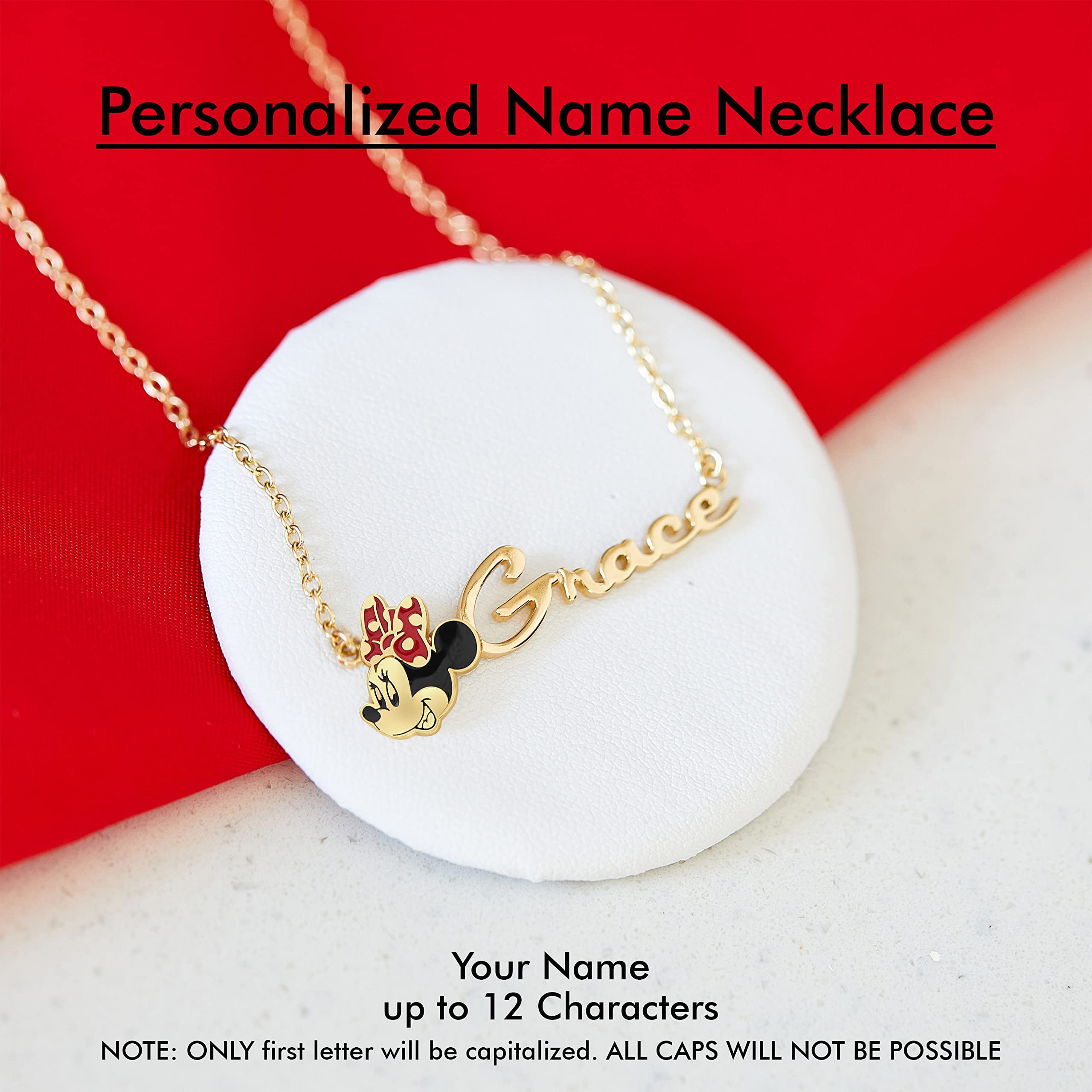 Disney Minnie Mouse Custom Name Necklace - 14k Gold Plated and Sterling Silver Name Necklace Personalized (Choose style, type font, color), Minnie Customized Jewelry