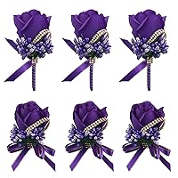 Wrist Corsage Boutonniere Set 6 Pack, Artificial Rose Bridesmaid Corsage and Groom Men Boutonniere for Wedding Party Prom (Boutonniere Corsage- Purple, 6 Pcs)