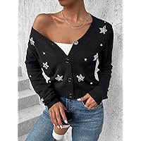 Women's Cardigans Star Pattern Beaded Detail Cardigan (Color : Black, Size : Large)