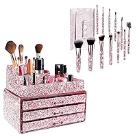 KEYPOWER Bling Rhinestone Makeup Cosmetic Jewelry Organizers Drawer & 12PCS Makeup Brush with Pouch Bag(Pink)